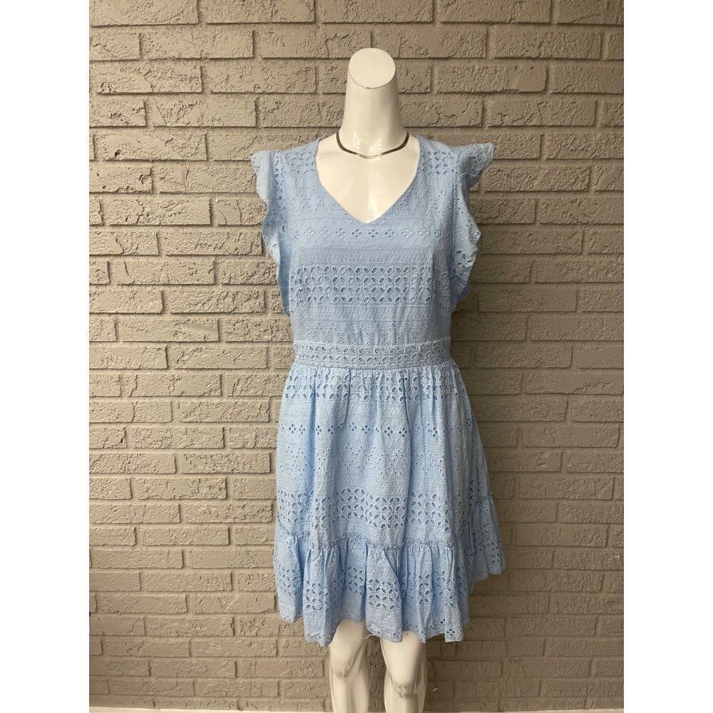 Simplee Light Blue Eyelet Ruffle Hem Dress Size M NWT